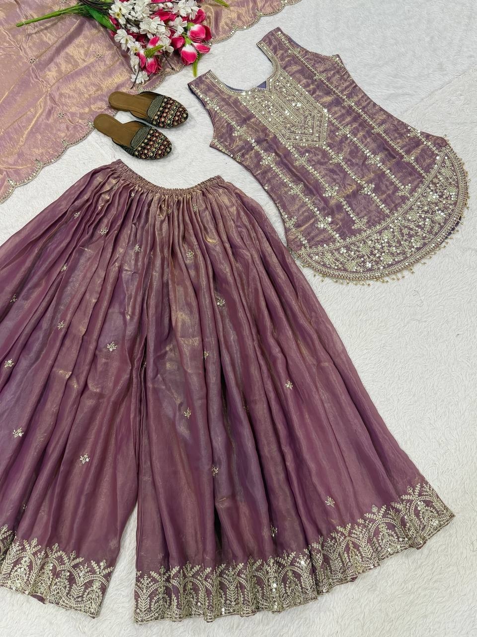 Attractive Look Heavy Silk Lavender Top Palazzo With Dupatta For Reception Wear