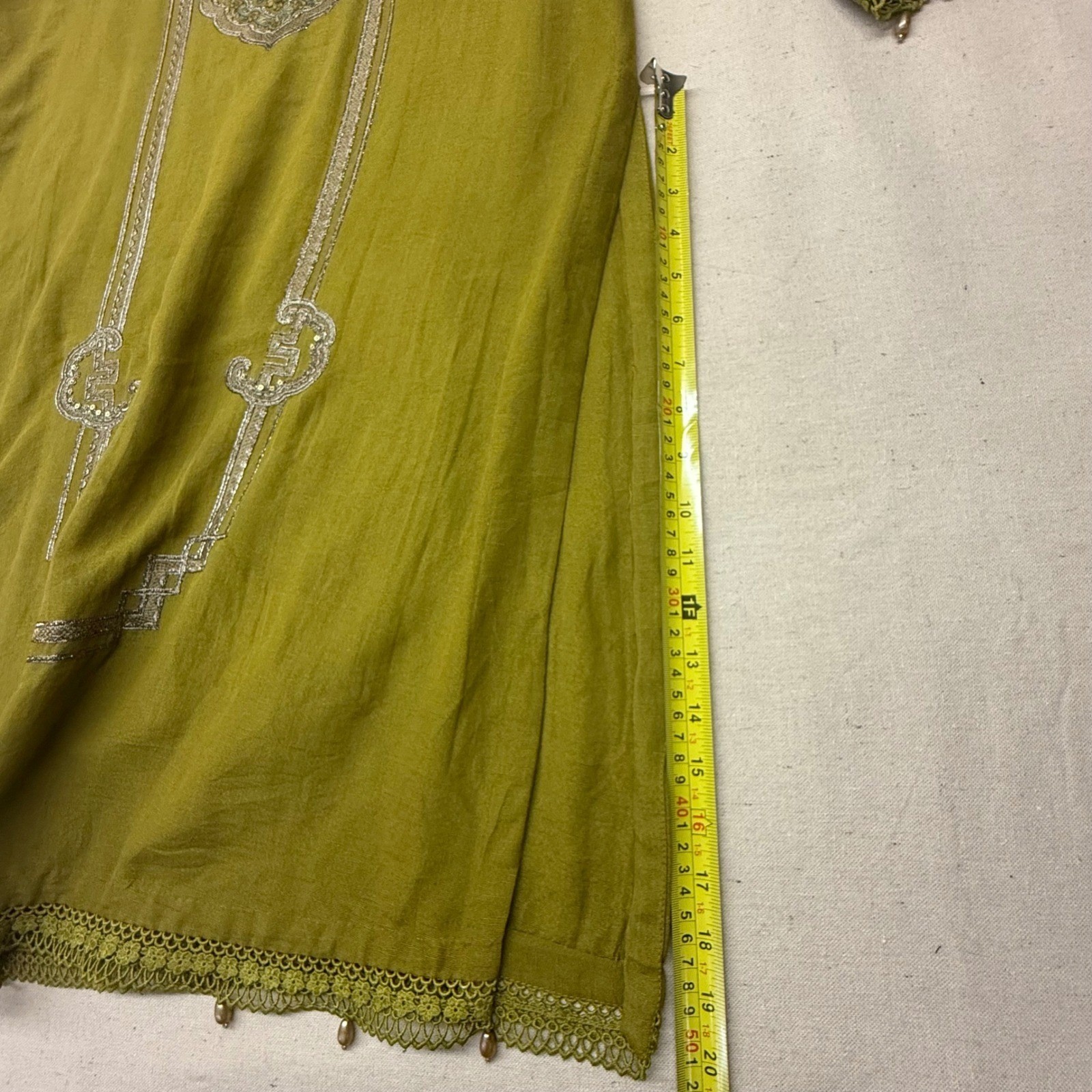 Maria B Olive Green Embroidered Kurta Tunic Women Medium Floral Sequin Lace Trim