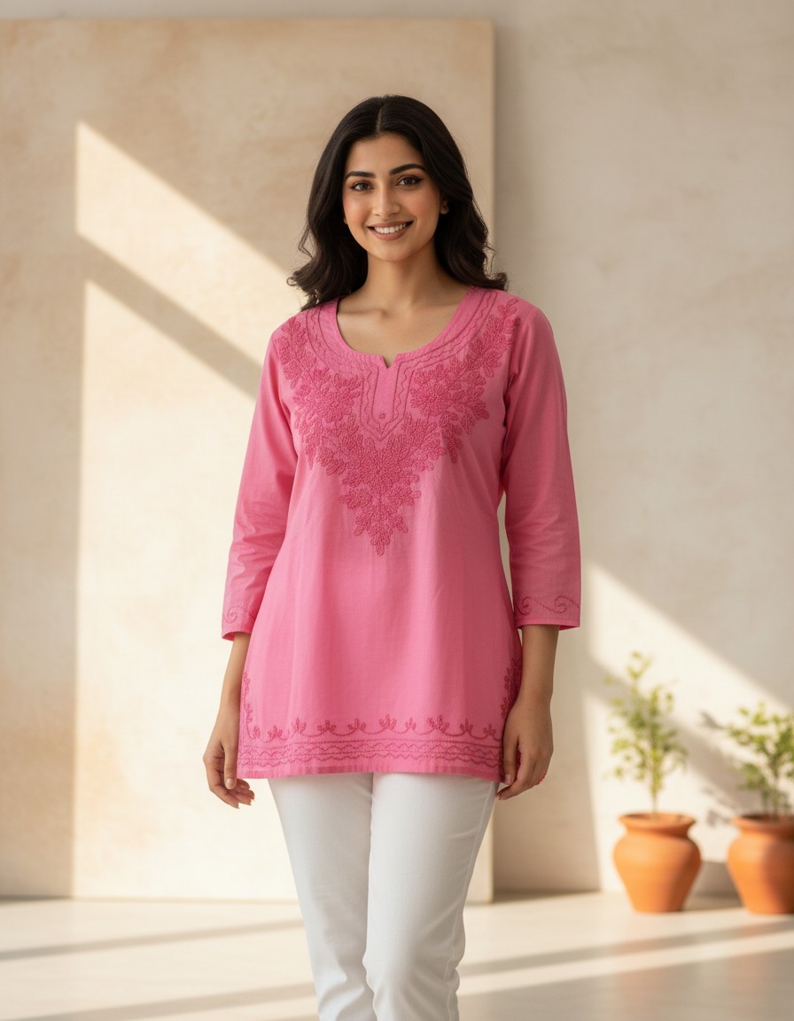 Women’s Indian Cotton Kurti – Floral Embroidered Ethnic Kurta Top