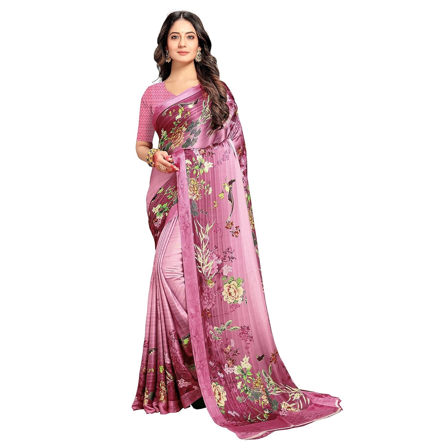 Women’s Japan Satin Digital Floral printed Fashion Saree With Blouse Piece