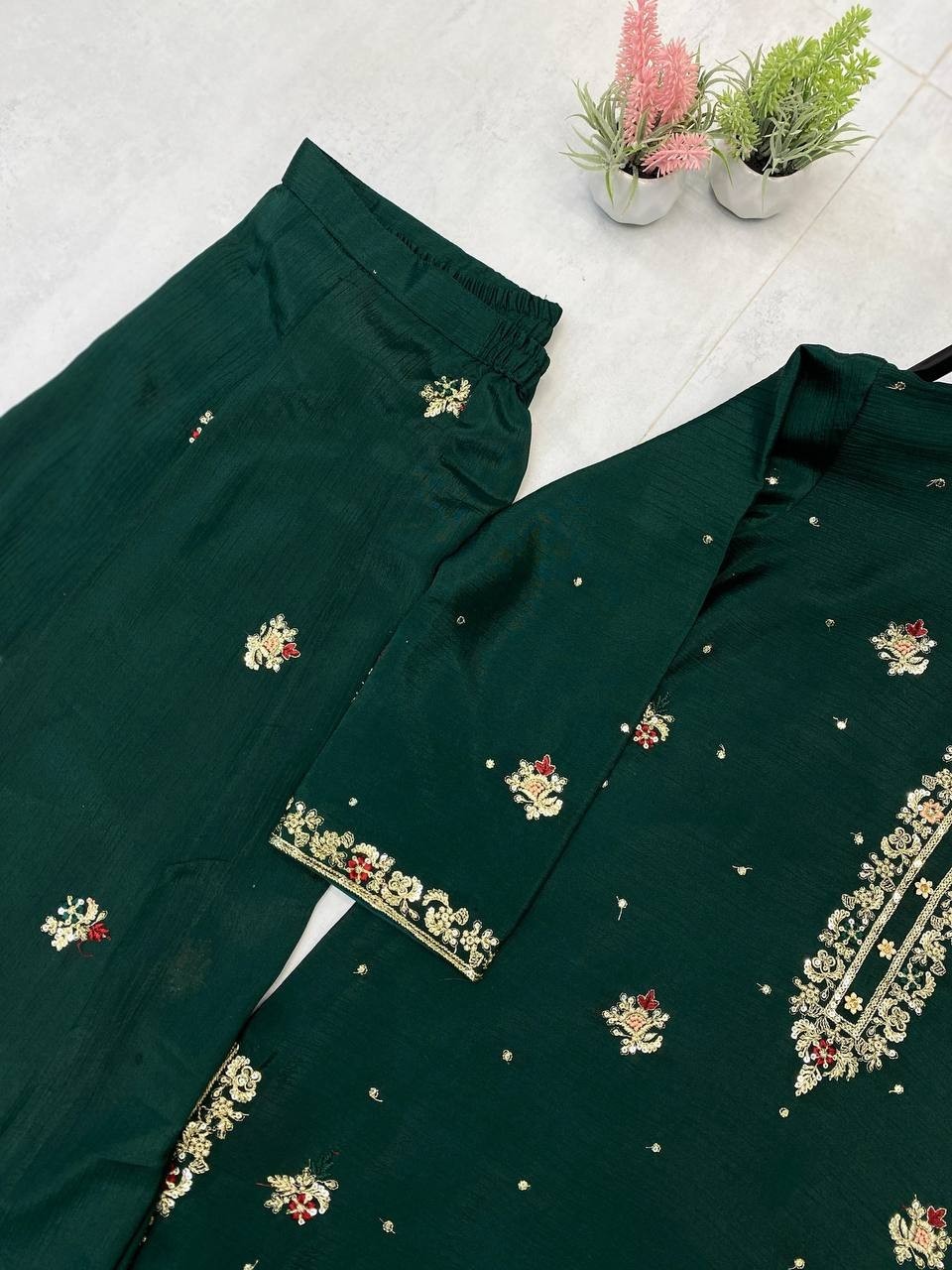 New Exclusive Green Chinon Kurta Palazzo With Organza Dupatta For Women