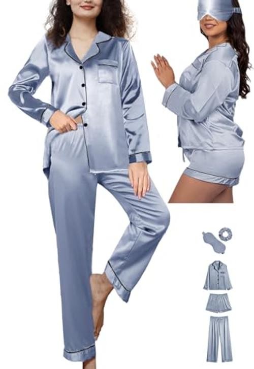 5Pcs XS-XXL Womens Silk Satin Pajamas Sets Long Pj Sets Medium Dusty Blue-c