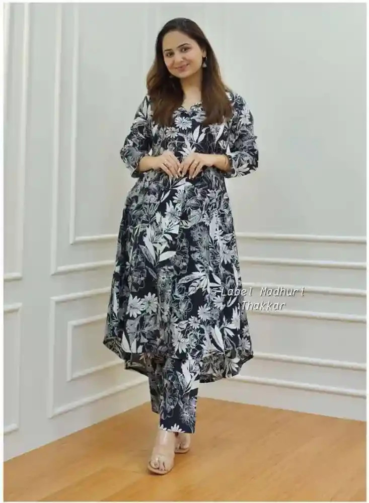 BEAUTIFUL BLACK AND WHITE PRINTED FLOWER CORD SET code 164