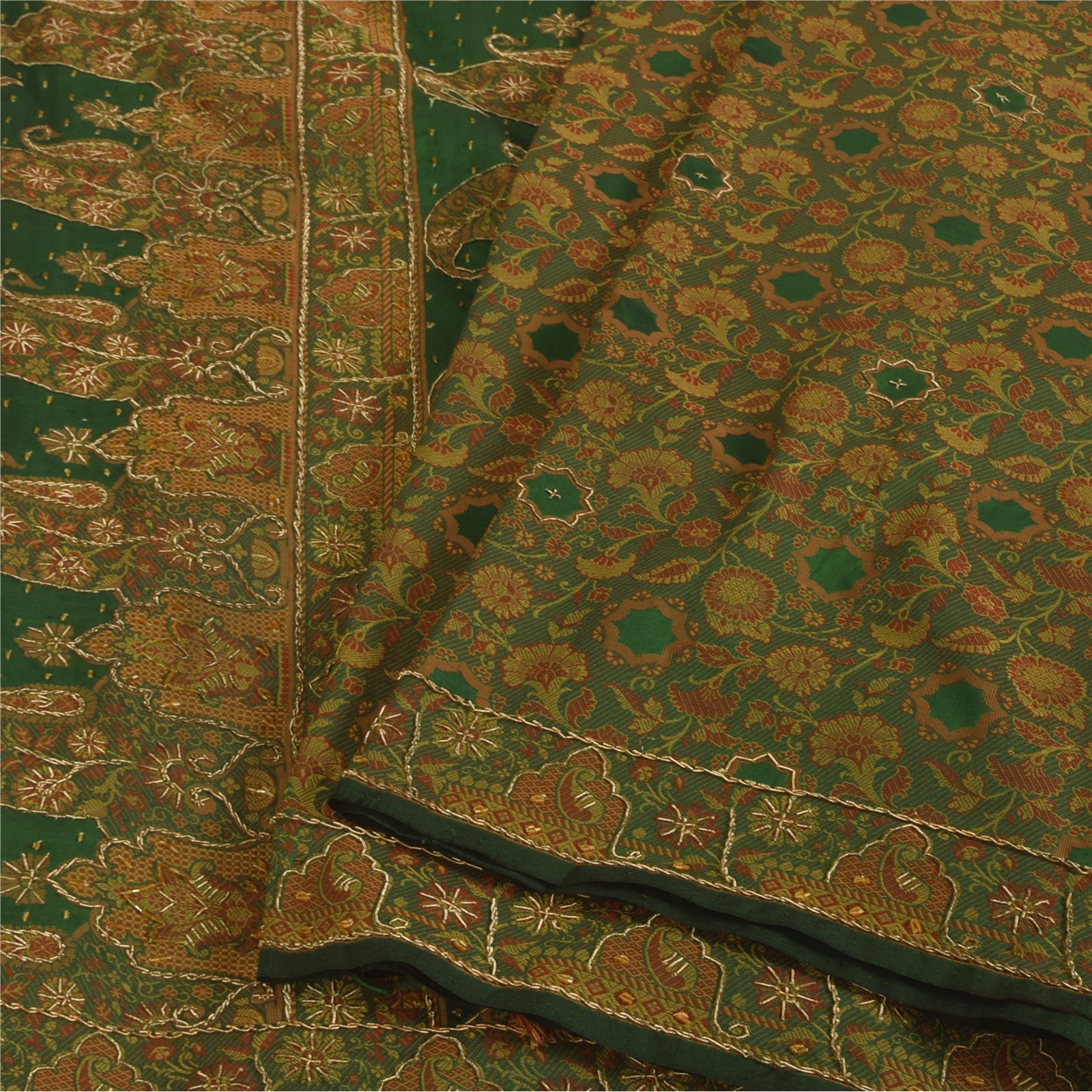 Sanskriti Vintage Art Silk Green Sarees Hand Beaded Woven Craft Fabric Sari