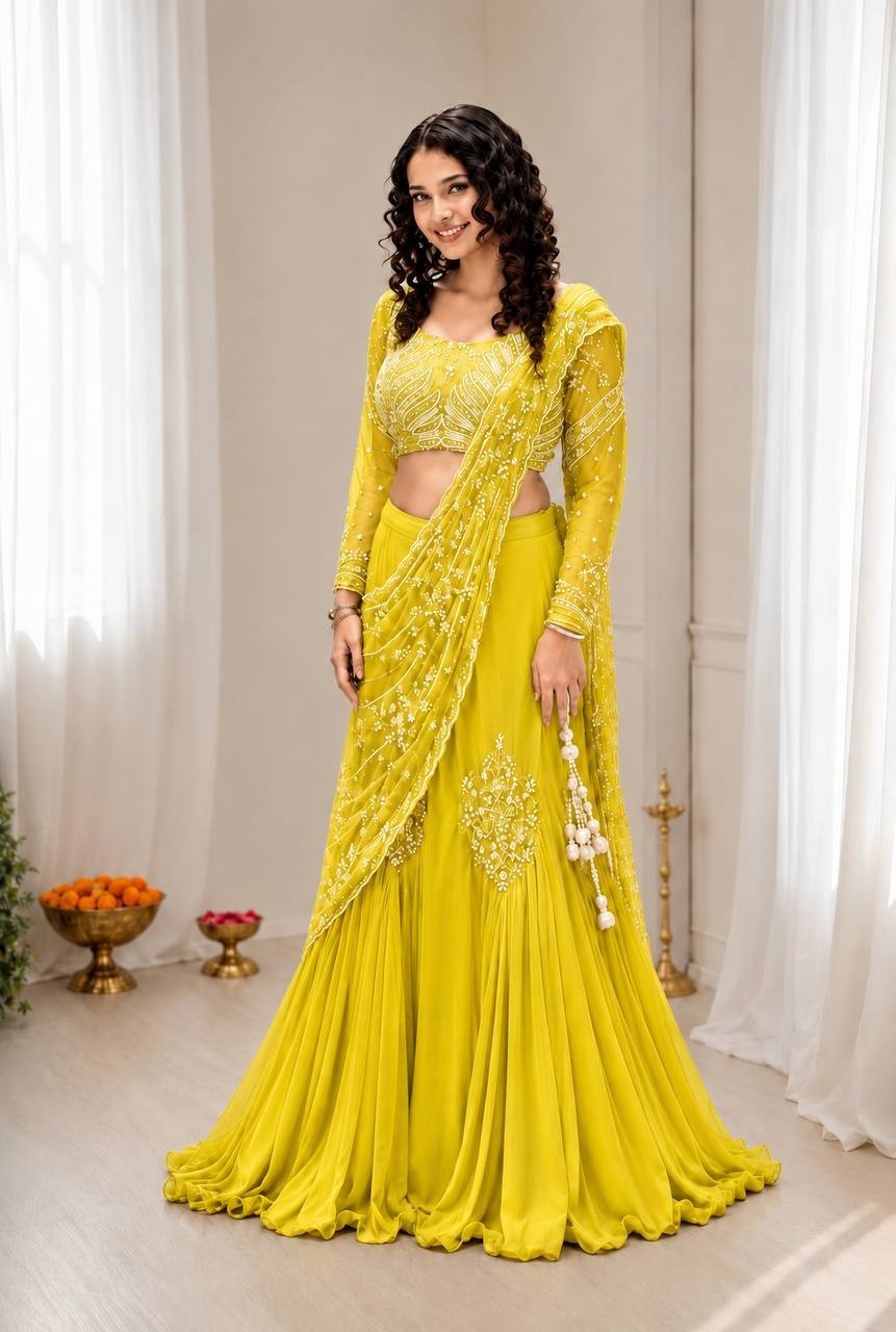 Haldi Ceremony Lehenga Style Saree Chinon Silk Wedding Mehndi Party Wear