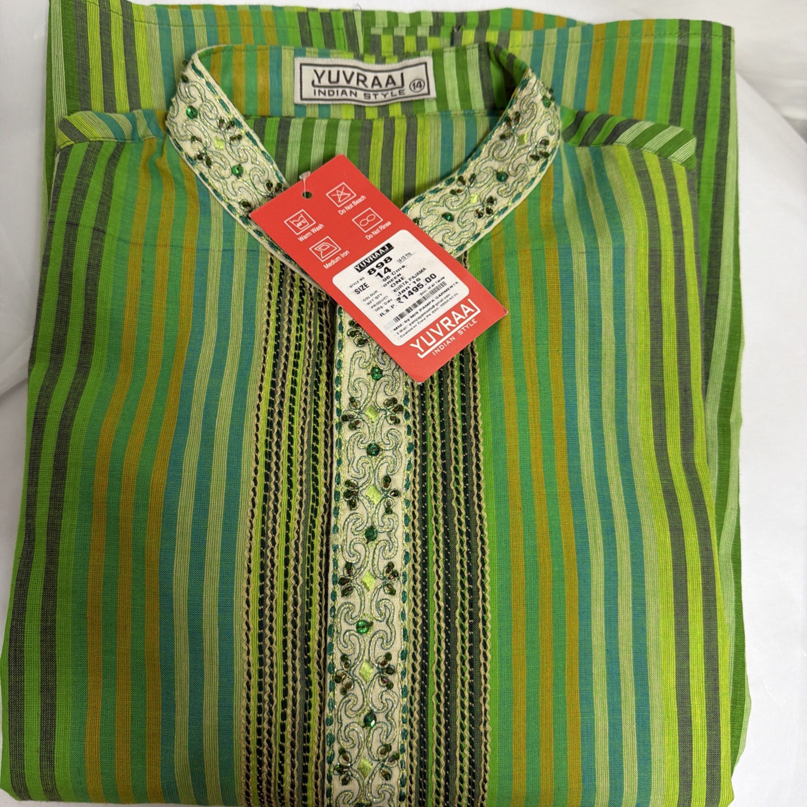 Green Indian Boys kurta Pajama for Age 14-15 Side Pockets Button Embroidered NWT