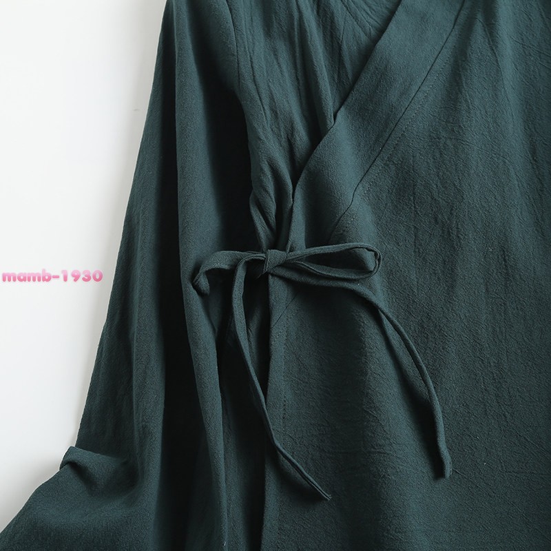 Chinese Style Womens Cotton Flared Long Sleeve Hanfu Cross Collar Tie Daily Wear