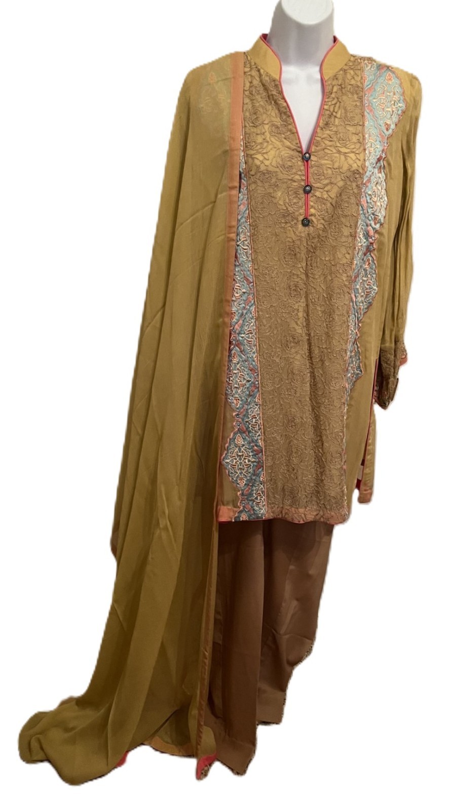 Ladies NEW mustard brown embroidered Chiffon kamiz pants chiffon dupatta Medium