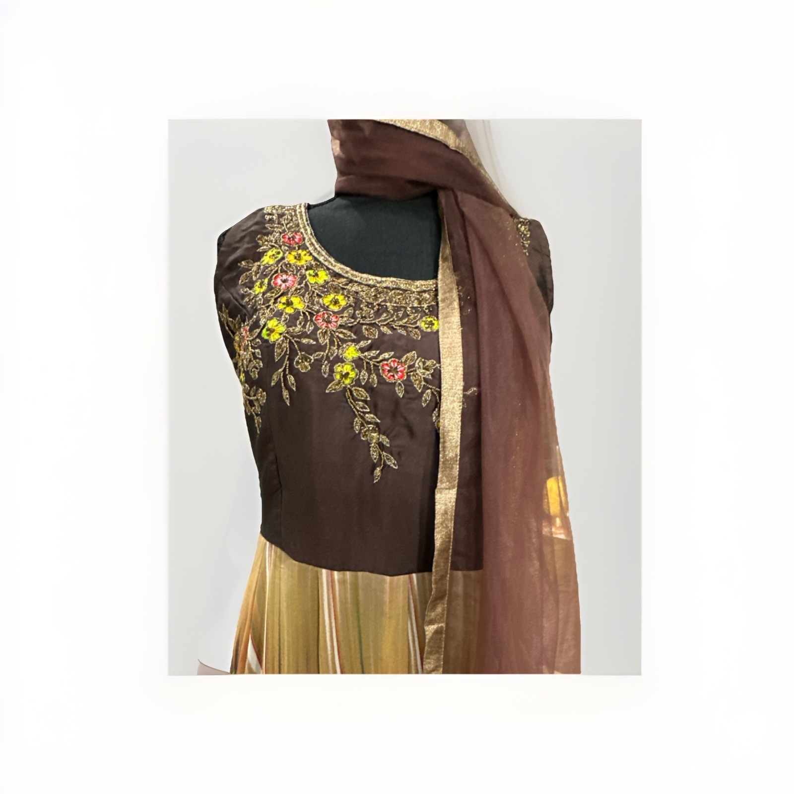 Embroidered Brown Chiffon Salwar Kameez Floral with Dupatta for Women