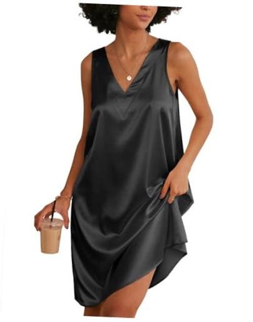 Women’s Satin Silk Nightgown V Neck Nightie Tank Sleepshirt Large Black