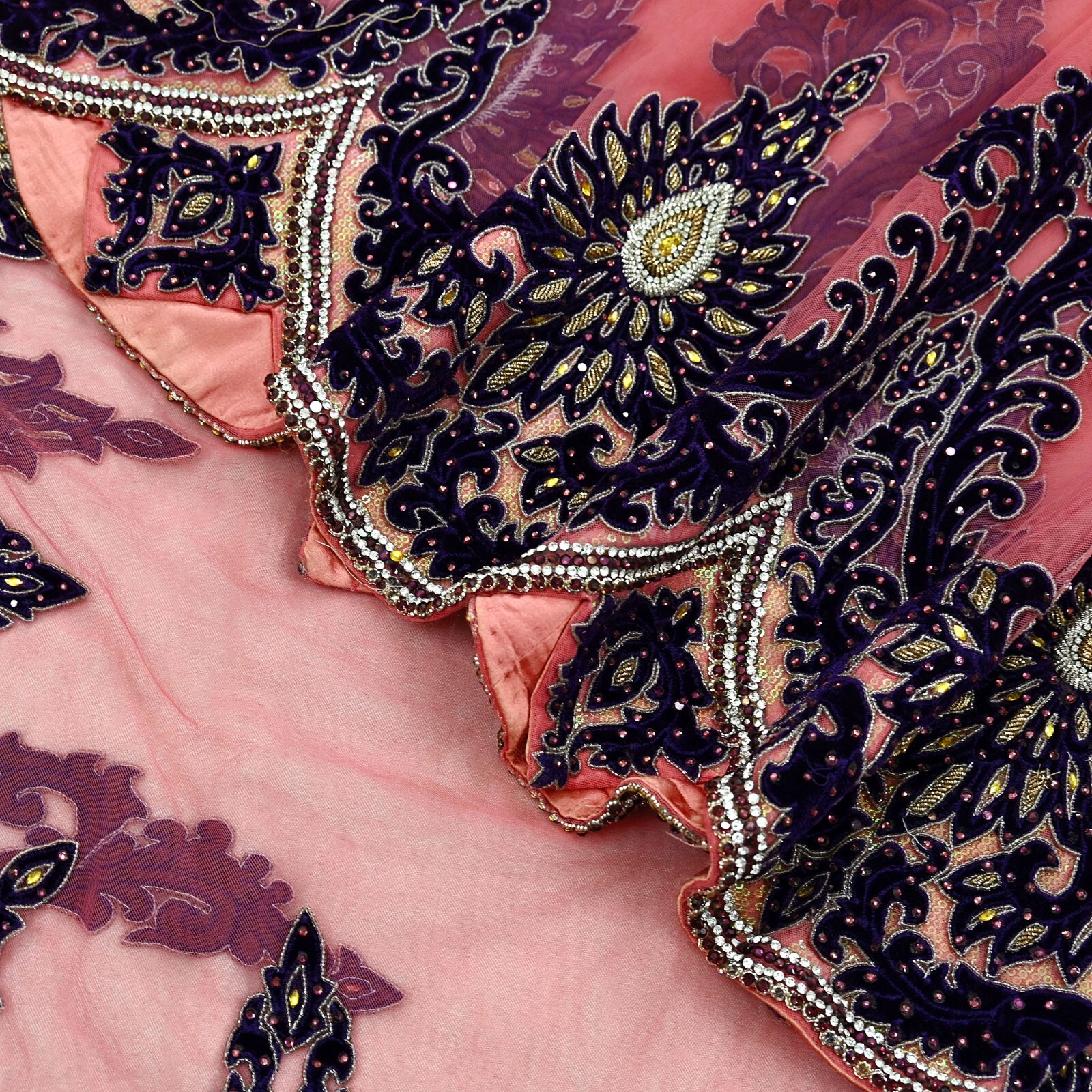 Vintage Heavy Sari Peach Net/Mesh Hand Embroidered Sarees Craft Fabric 5Yd