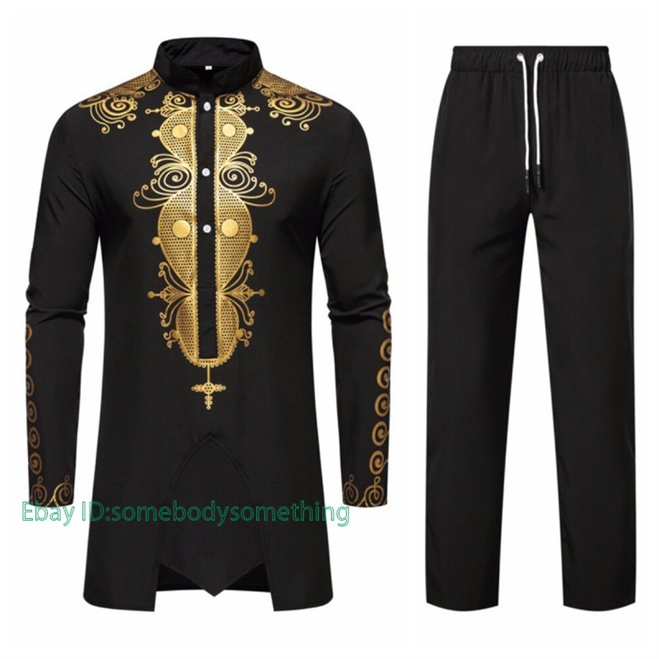 Men’s African 2 Piece Set Traditional Shirt and Pants Set Suit Middle East Suit