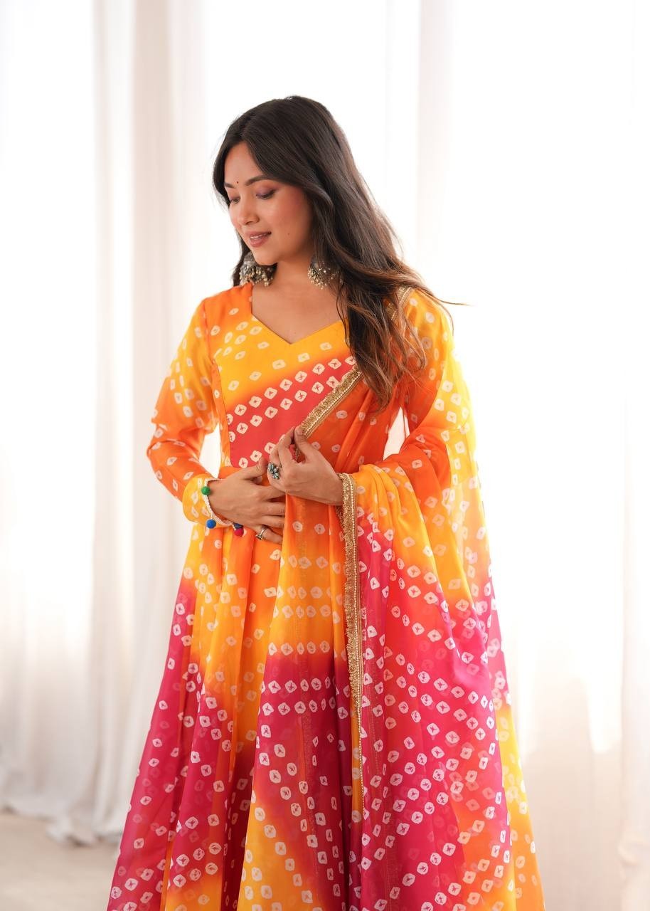 Printed Tabby Organza Gown Pant Dupatta Set Bandhani Flared Anarkali Suit Pack
