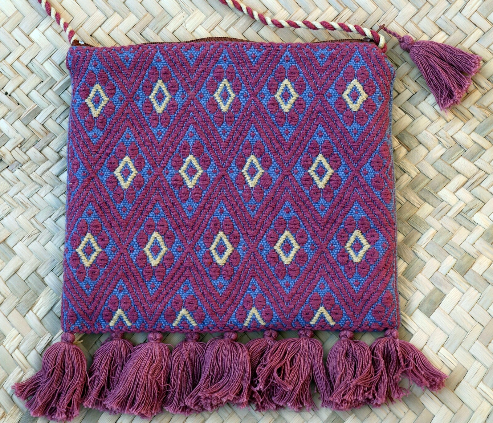 Shoulder Bag Morral Mayan Padded Rose Sand & Blue Handwoven Chiapas Mexico Boho