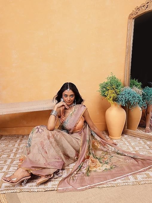 Beige Floral Print Cotton Blend Saree with Unstitched Blouse Festival Party Wear