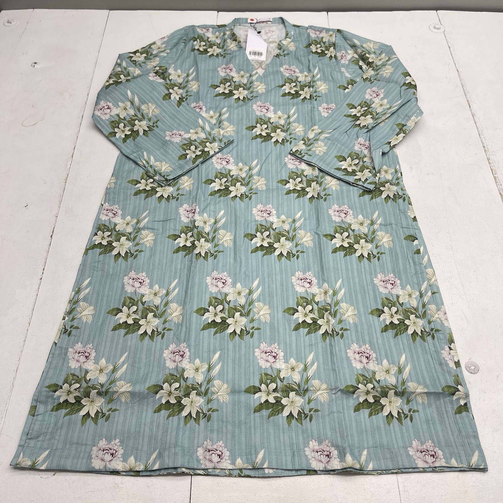 Khaadi Blue Floral Ripple Waves Printed V Neck Kurta Women’s Size 14 New $50