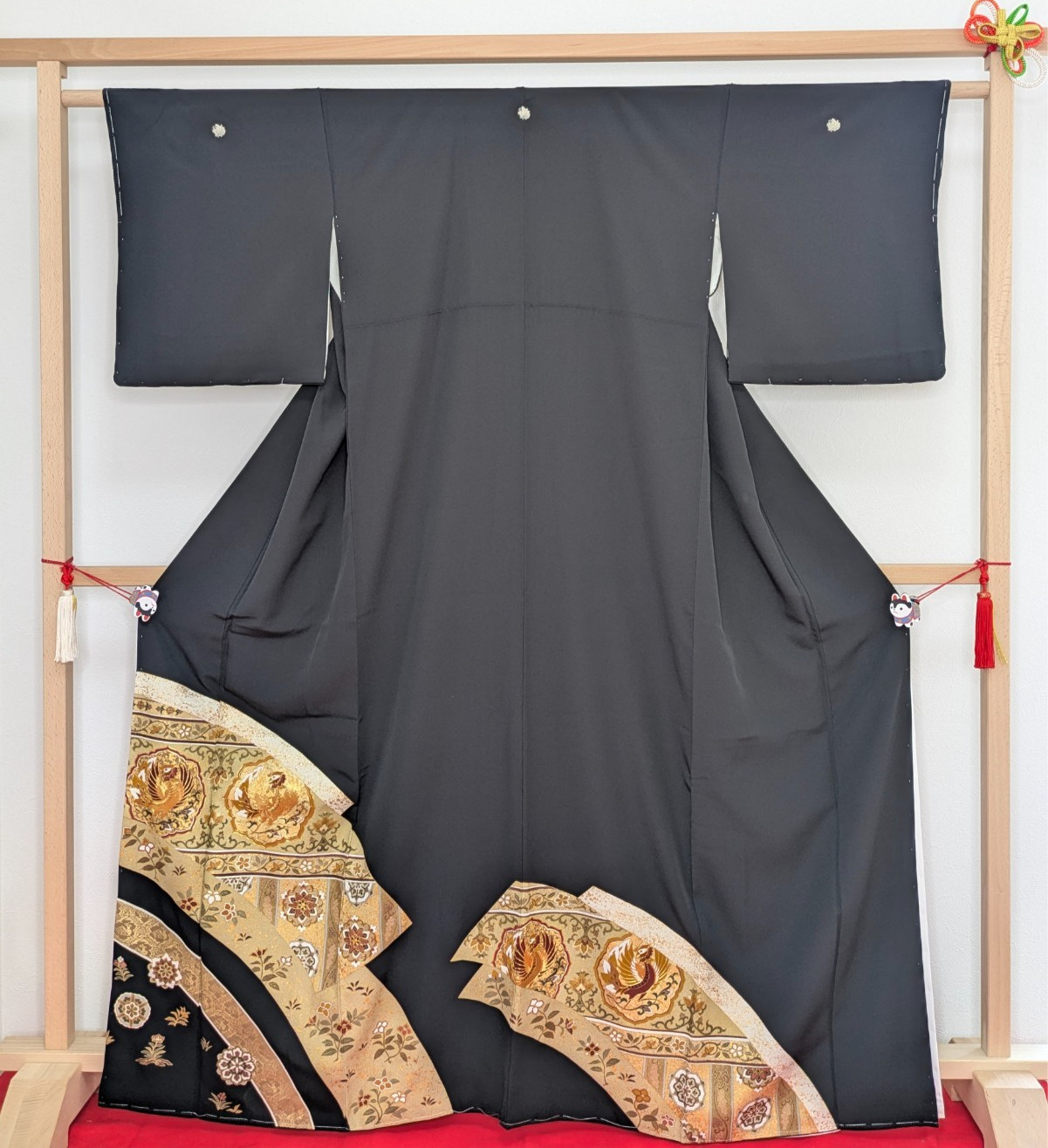 Authentic Japan Kimono Silk Black Tomesode Gold Phoenix Embroidery Textile Art