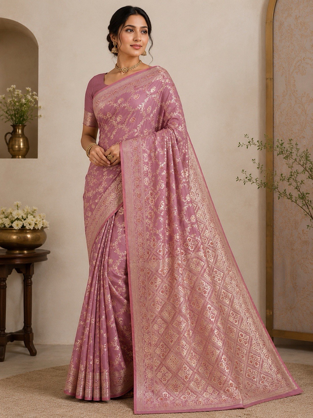 Pure Katan Banarasi Silk Saree, Dusty Pink Silver Zari Handwoven Bridal Wedding