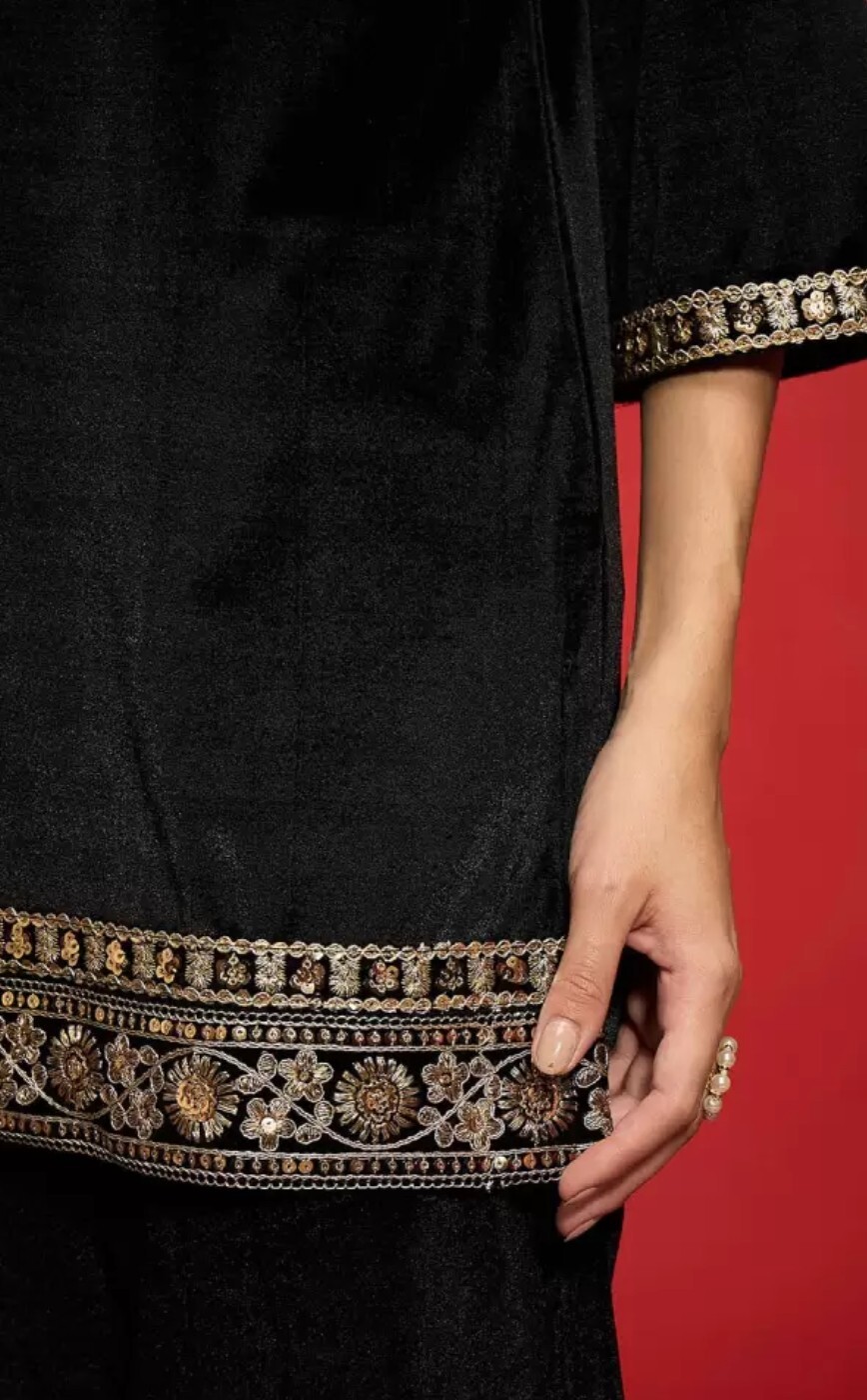 Indian Ethnic wear; Women Solid Zari Lace work Velvet Kurta with Salwar