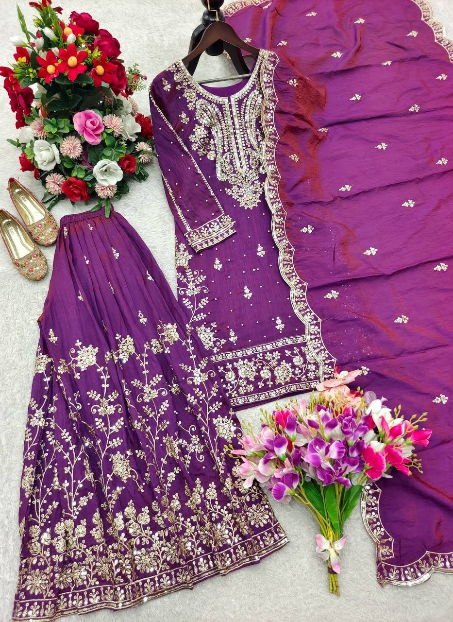 Designer Purple Satin Silk Top Palazzo With Dupatta For Indian Reception Wear