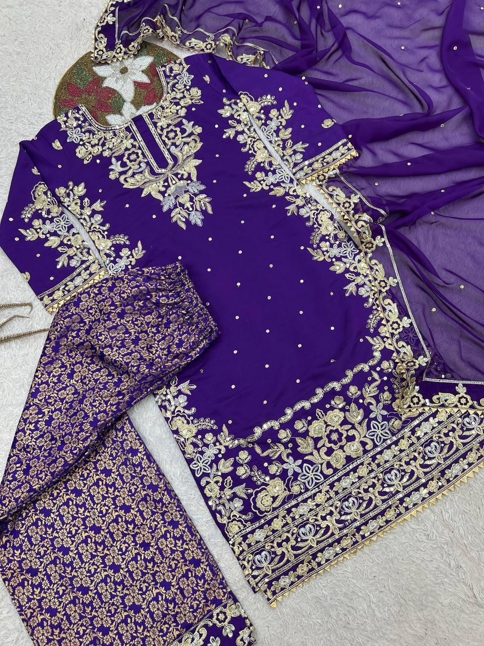 Presenting Heavy Roman Cotton Purple Top Palazzo With Dupatta Function Wear