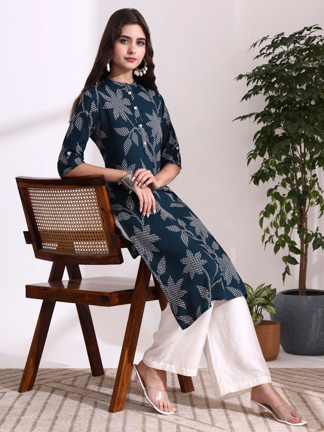 Women’s Dark Green Floral Print Rayon Straight Kurta Roll Up Sleeves Plus Size