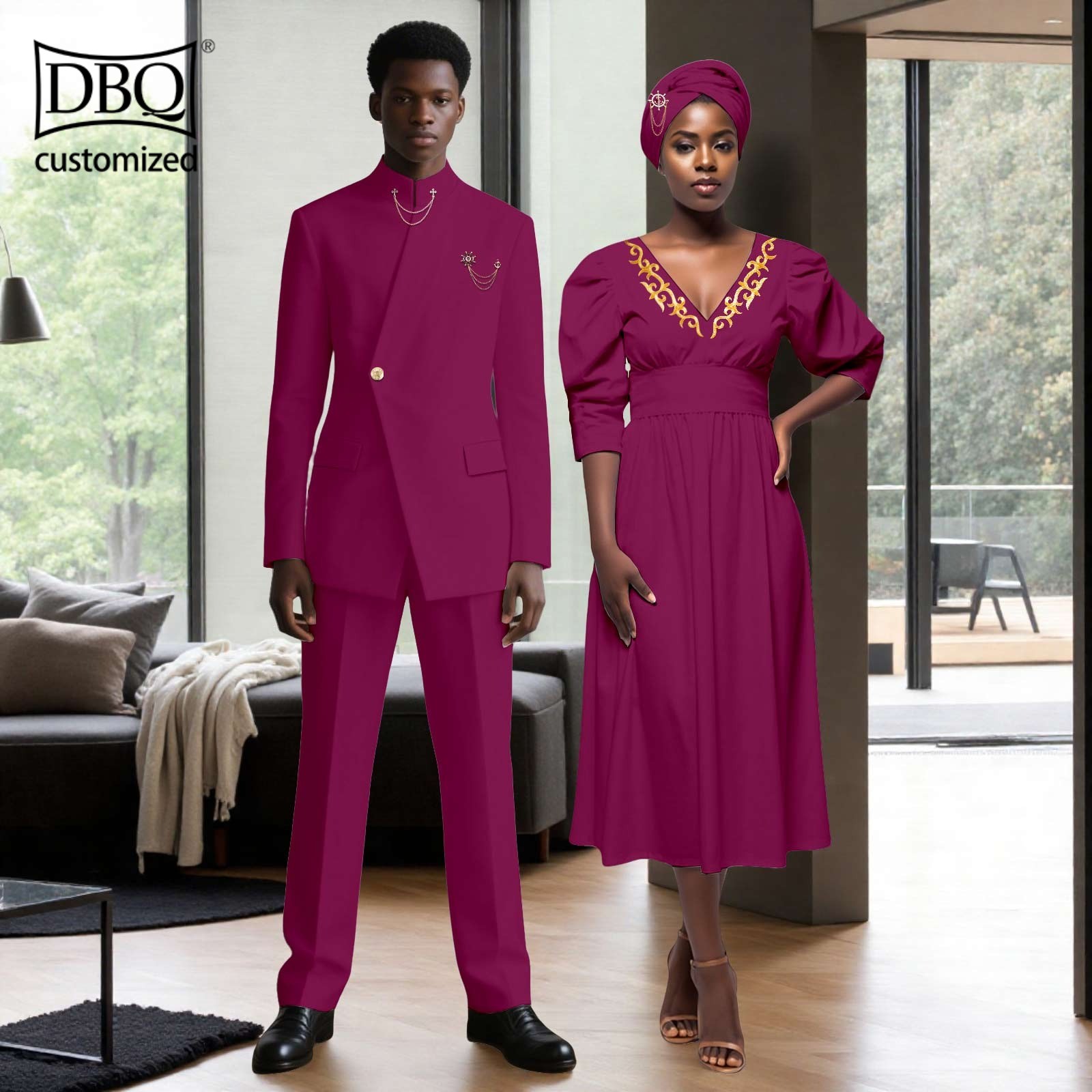 African Couple Clothes Solid Men Jacket Pants Set Women Midi Dress with Headwrap