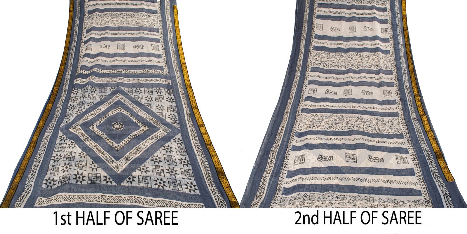 Sanskriti Vintage Saree White-Gray Pure Cotton Hand Block Printed Sari 5Ydfabric