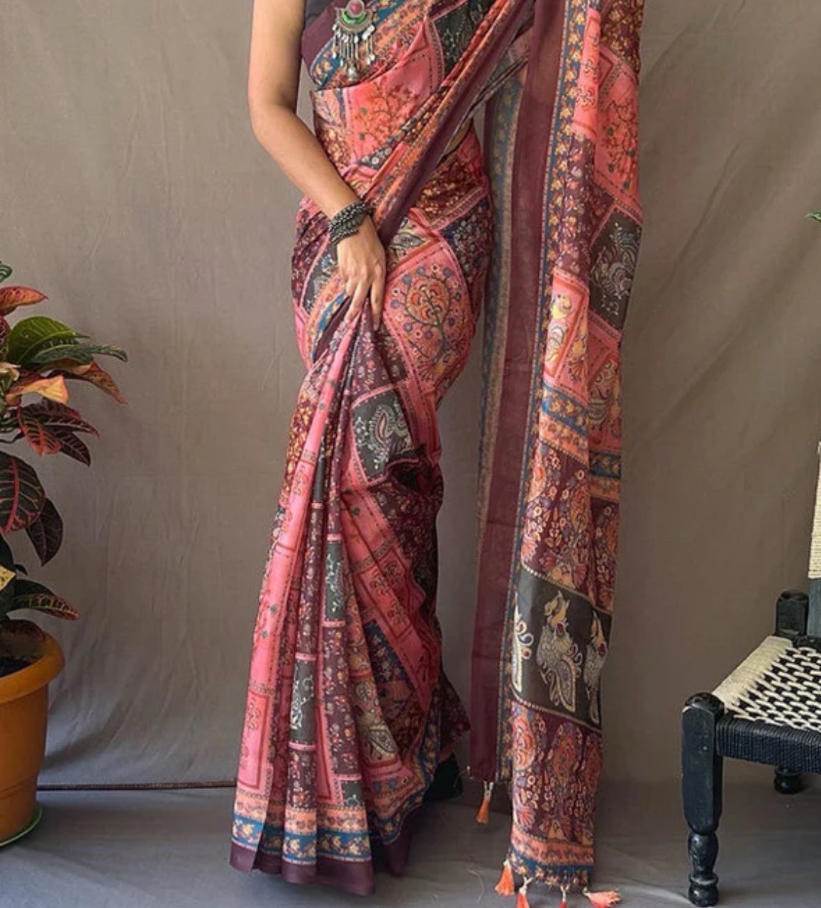 NWT! Stunning Pink, Brown Kalamkari Print Cotton Saree Sari, Tassles + Blouse P