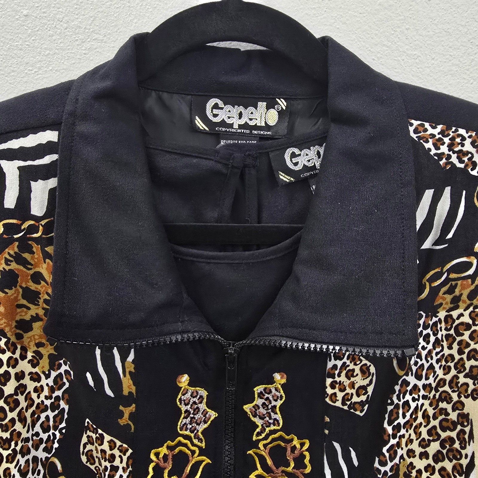 Vintage Gepetto 100% Silk 2pc Jacket Set Animal Print Gold Embroidery XL NWT