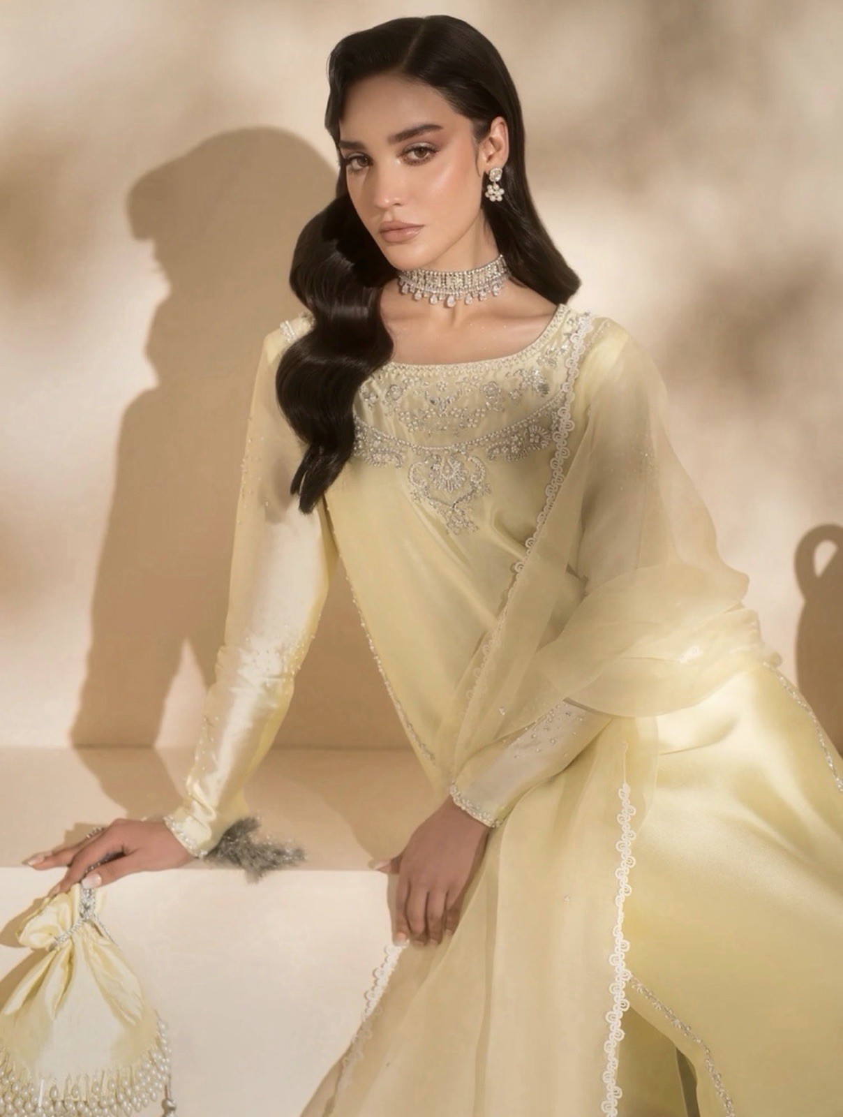 Mahum Asad Lolita – Yellow Embroidered Kaftan 3 piece