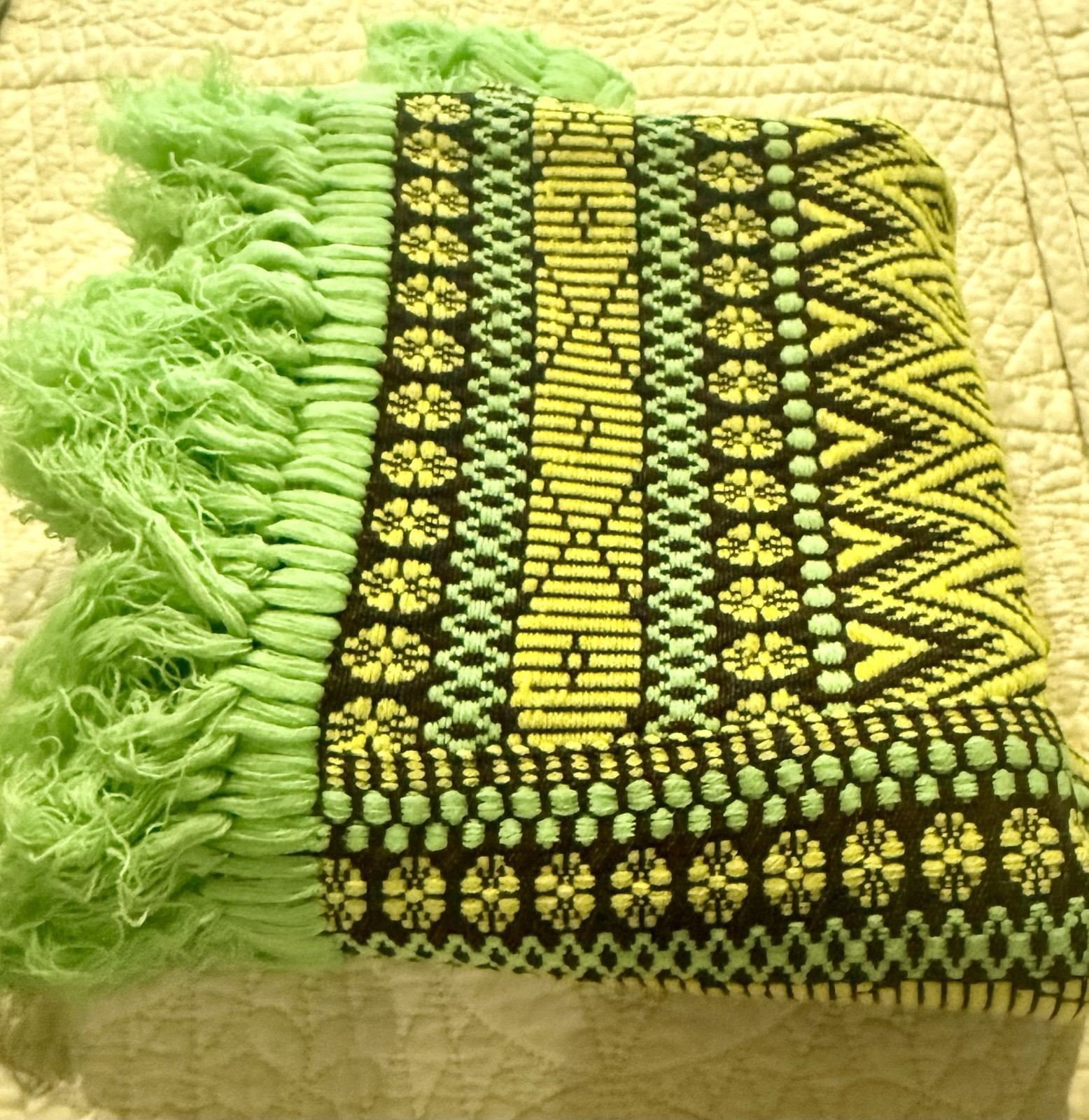 VTG Boho Woven Poncho Yellow /Brown Multi Lime Fringe Guatemala One Size Hippie