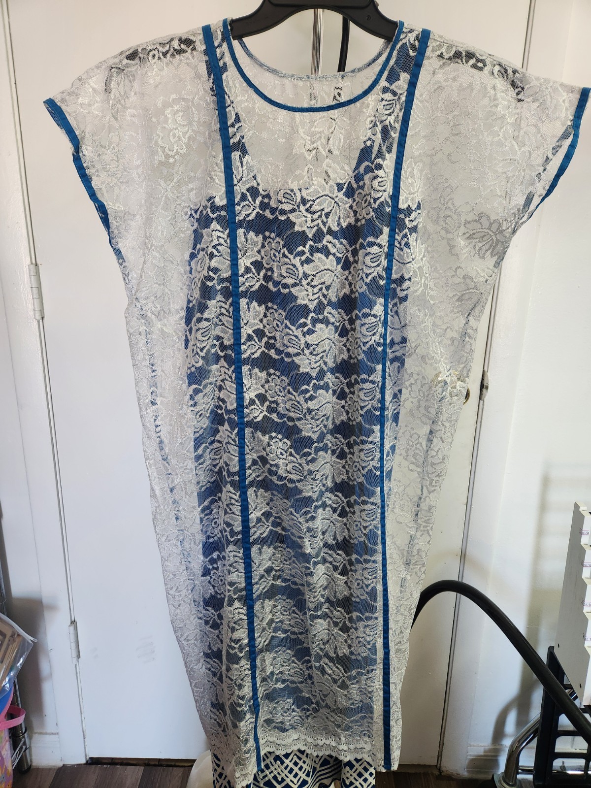 Mexican natural cotton, white lace and blue under dress, perfect combination
