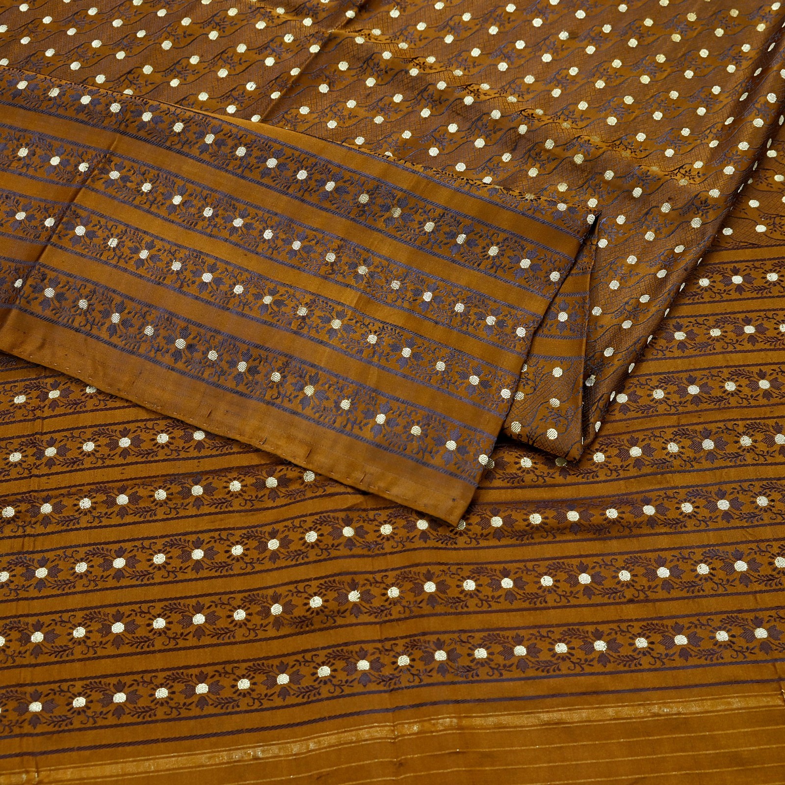 Vintage Sari Golden Brown Heavy Pure Satin Silk Woven Banarasi Tanchoi Saree 5Yd