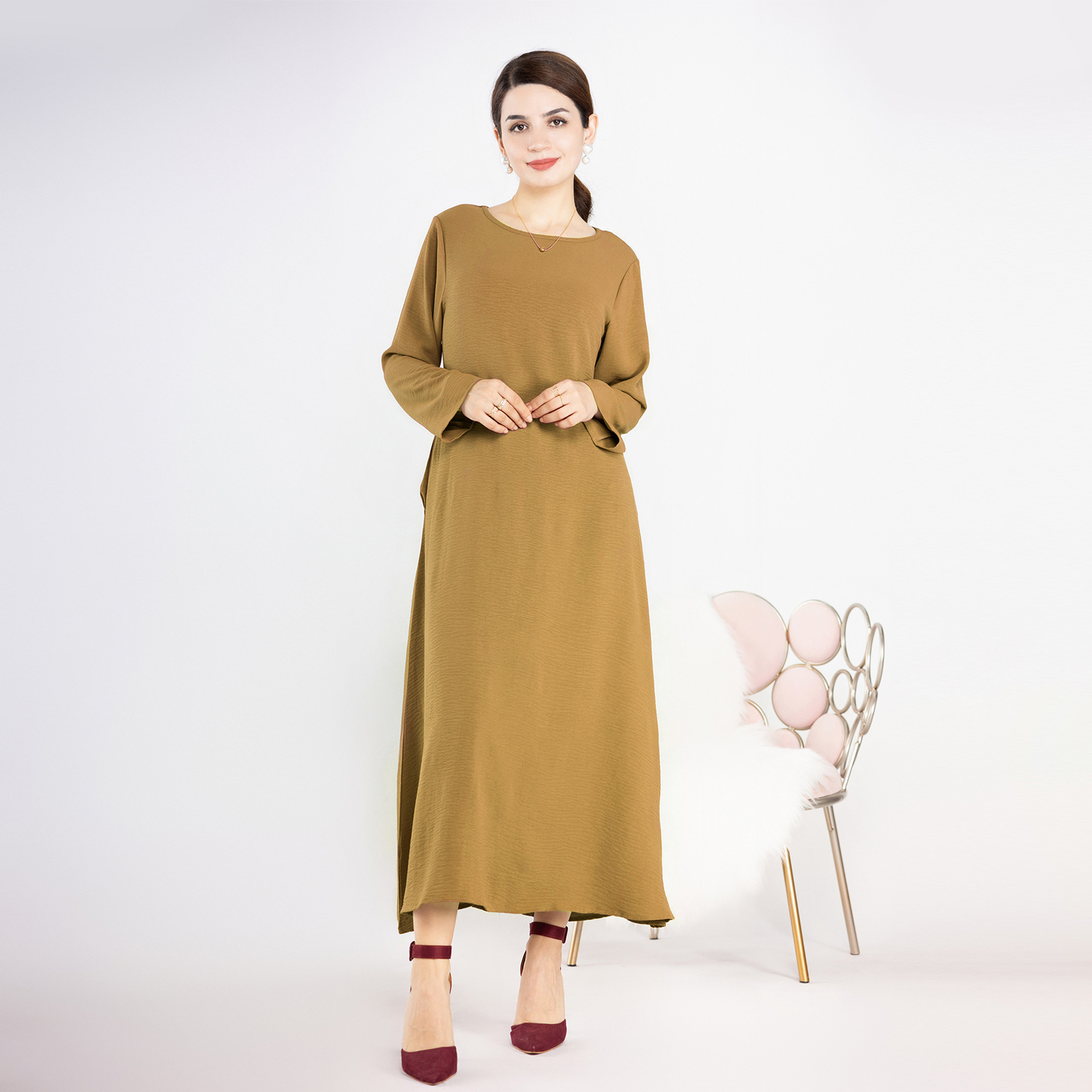 New Muslim Womens Simple Solid Color Long Sleeve Abaya Loose Robe Kaftan