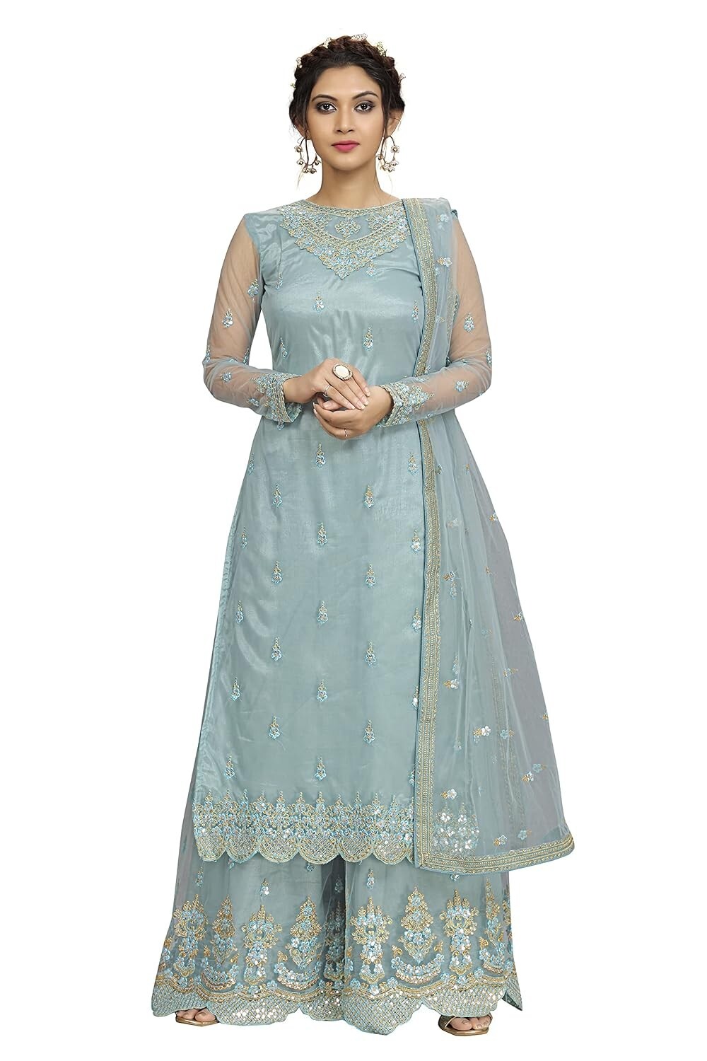 Women’s Net Embroidery Salwar Suit Kurta Sharara Set with Dupatta