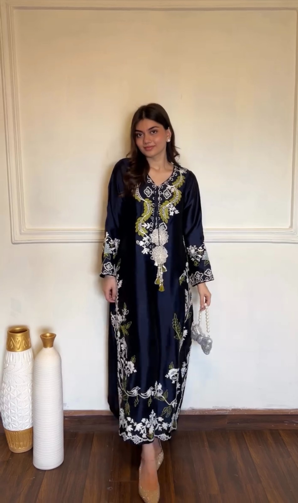 Designer Pure Satin Rayon Long Kaftan with Bottom and Shaded Chiffon Georgette