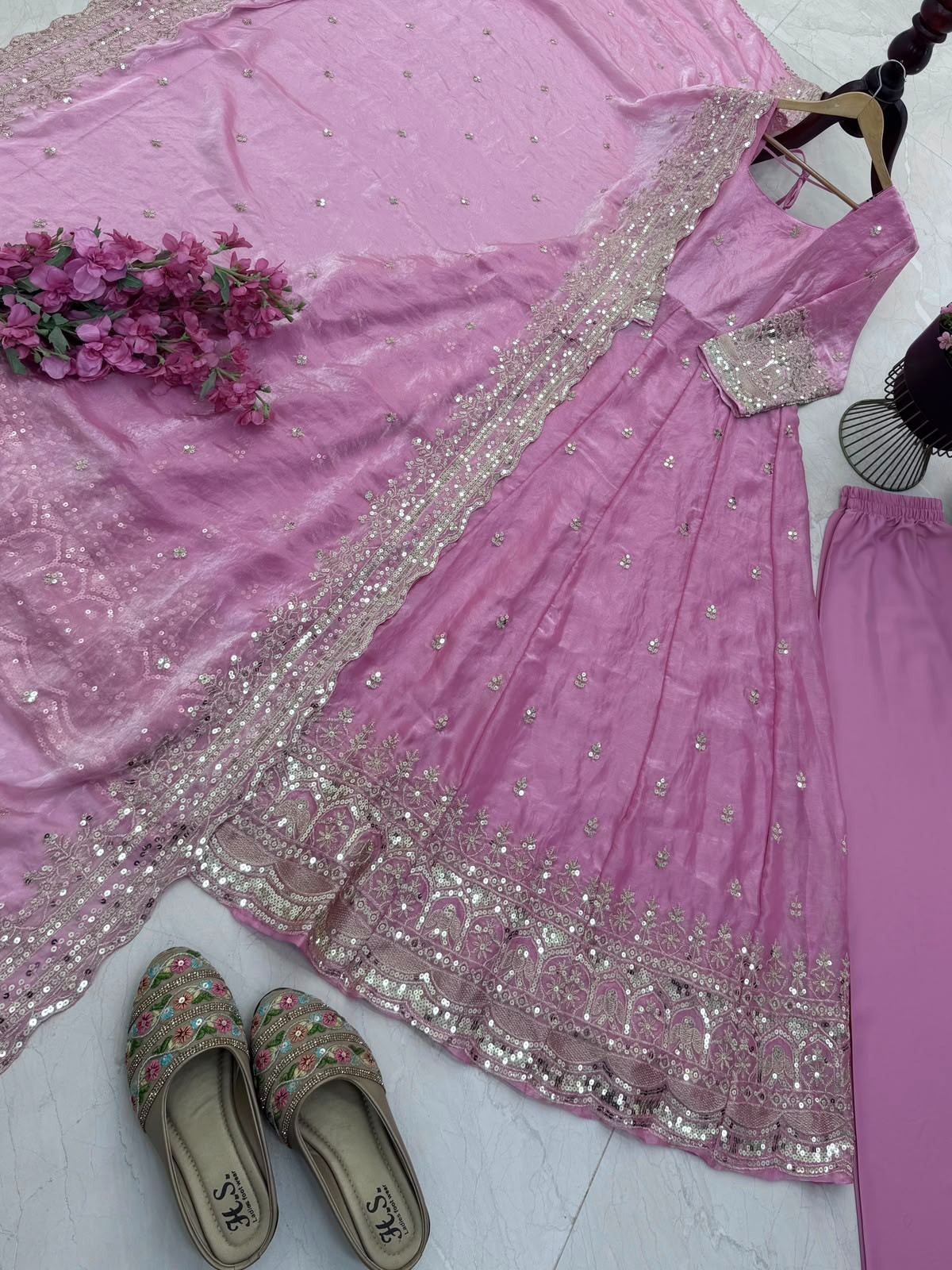 Baby Pink Fendy Silk Designer Ready Made Anarkali Suit Embroidered Party Wear XL