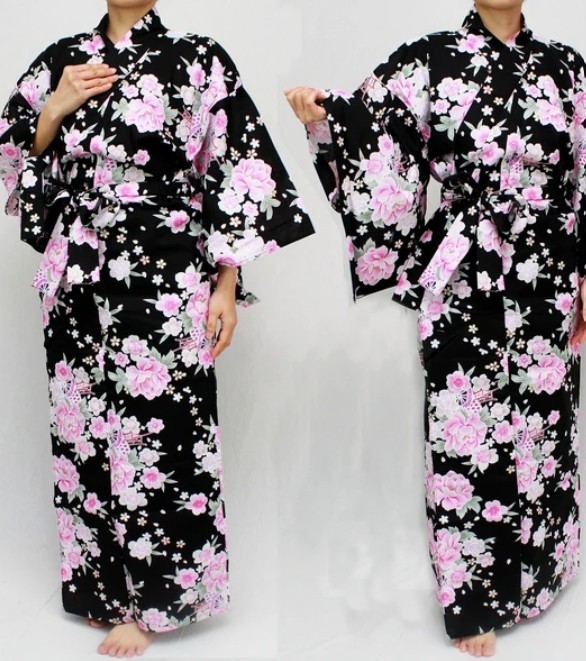 Japanese Yukata Cotton 100% Traditional Summer Kimono Robe – Flower Cart Black