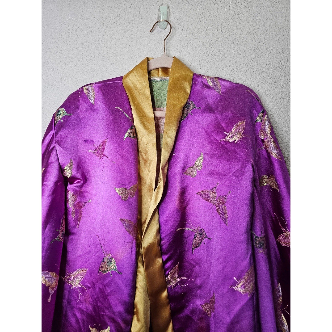 Purple Satin Butterfly Embroidered Kimono Sleeve Open Front Robe Costume