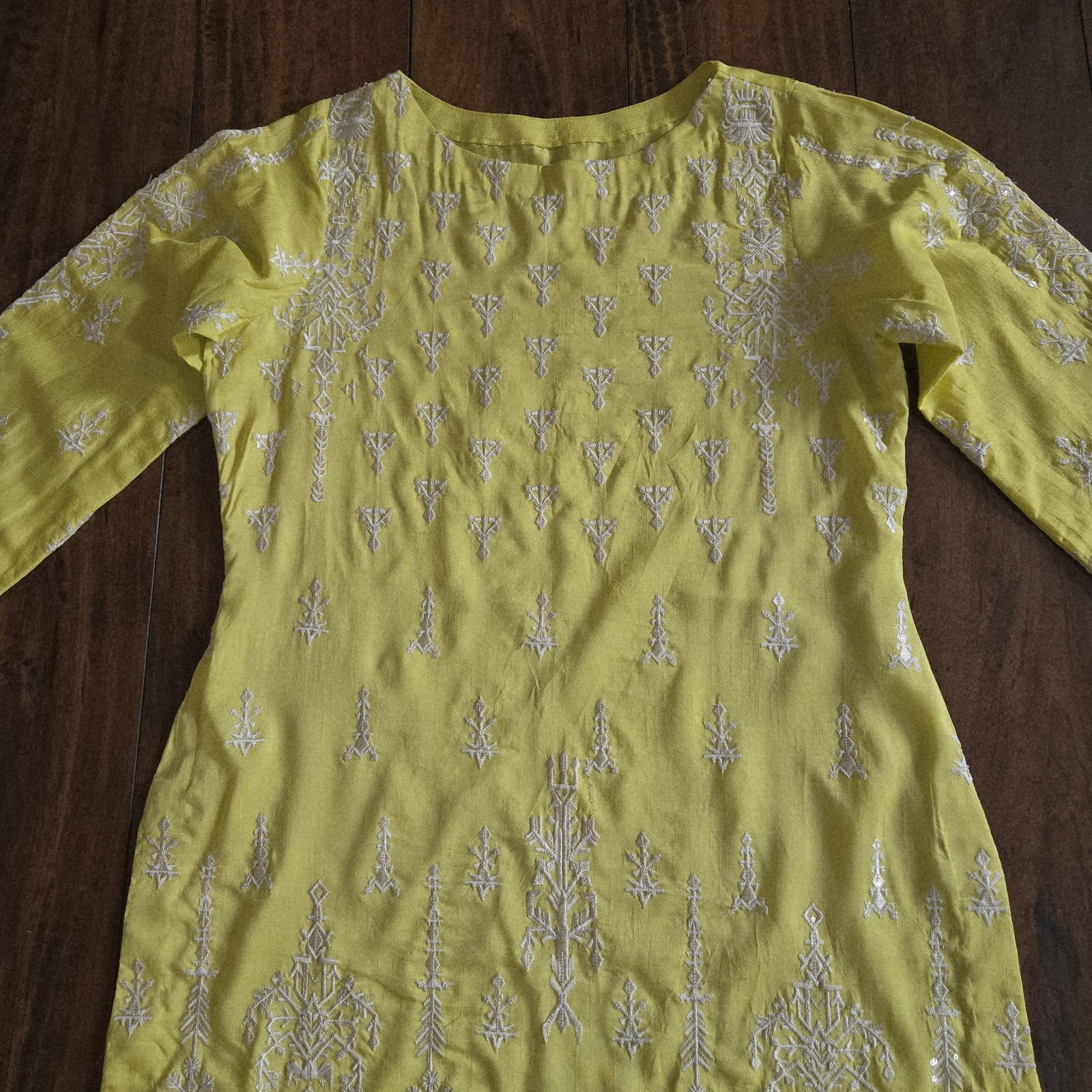 Embroidered Lime Yellow Top Shirt Long Kurti Cotton Silk Organza Size S/M