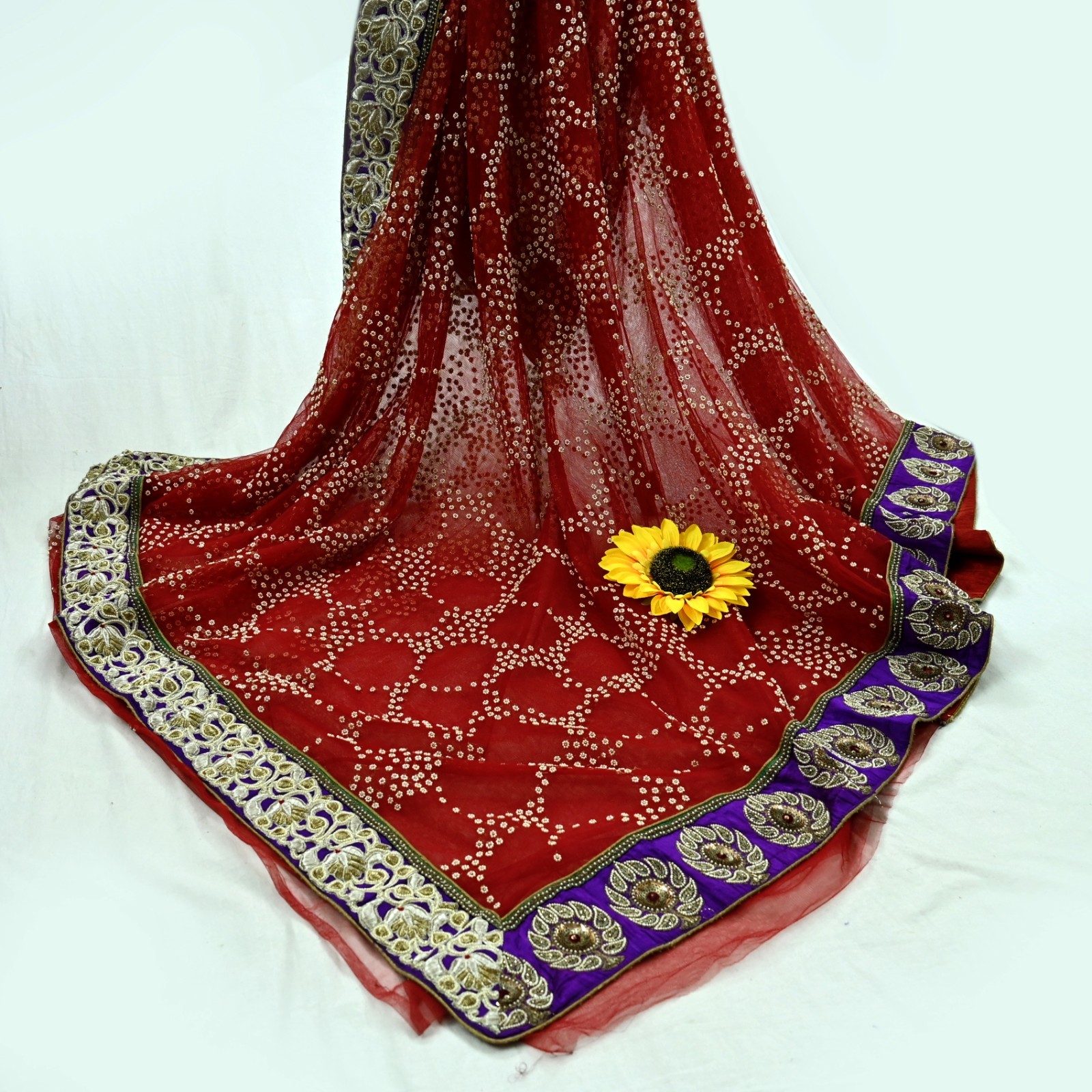 Indian Pre-Owned Sari Red Net Hand Embroidered Designer Manish Malhotra Sarees