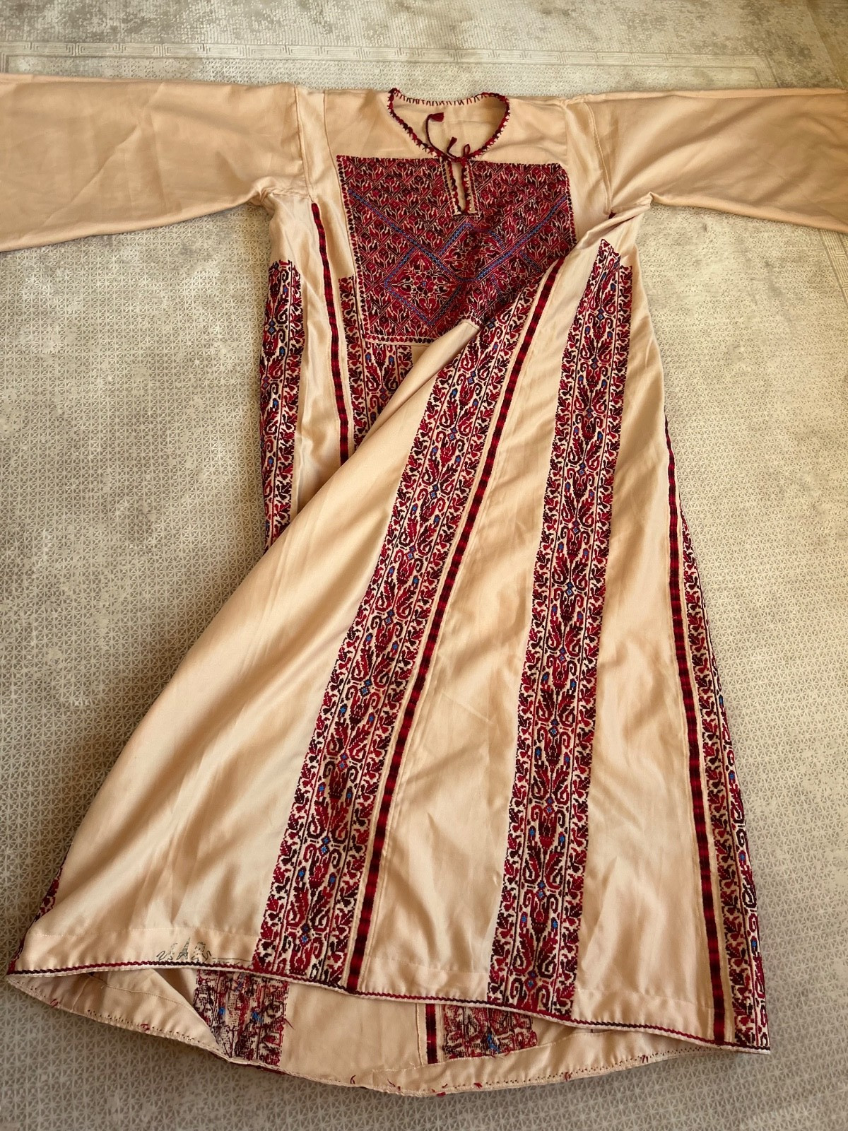 Beige Vintage Palestinian Traditional Thobe- Hand-Embroidered Tatreez Dress