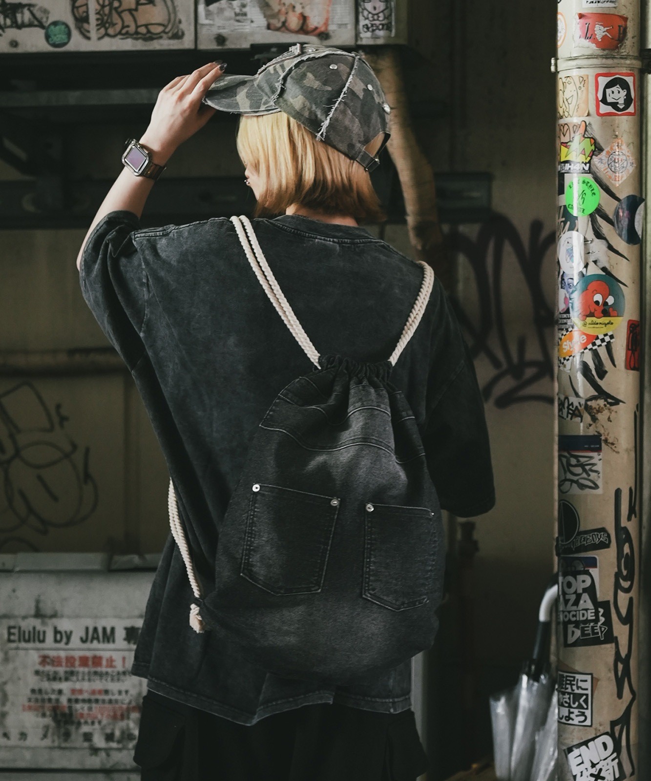 DEVICE Washed Denim Drawstring Backpack Unisex Vintage Finish RRD24049