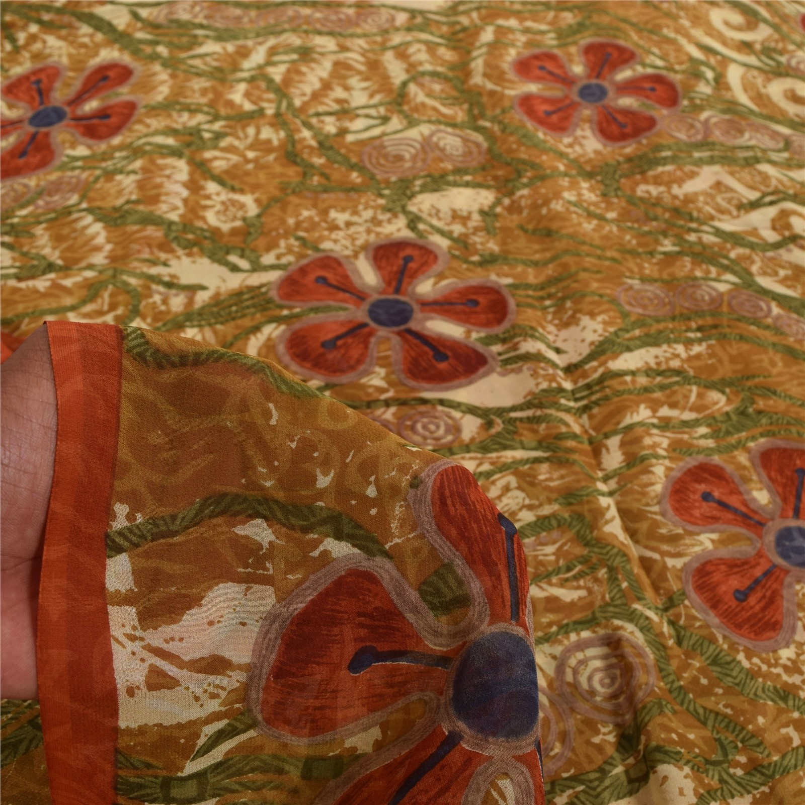 Sanskriti Vintage Sarees Multicolor Pure Georgette Print Sari 5+Yd Craft Fabric