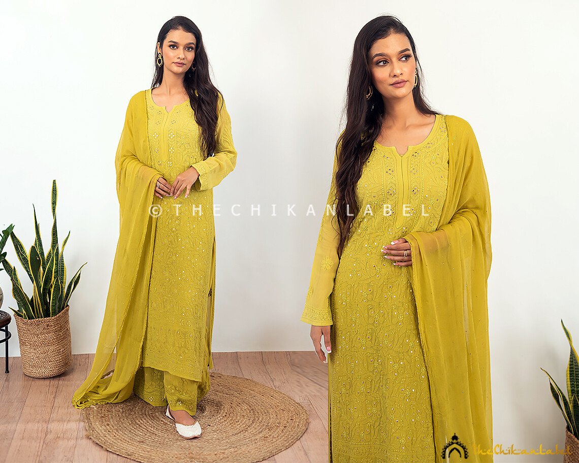 Mehndi Green Sitara Viscose Handmade Chikankari Kurta Set Lucknow Chikankari