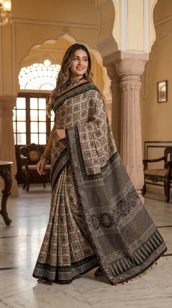Indian Designer Silk Ajrakh Saree Mirror Work Ethnic Bollywood Party Sari Blouse