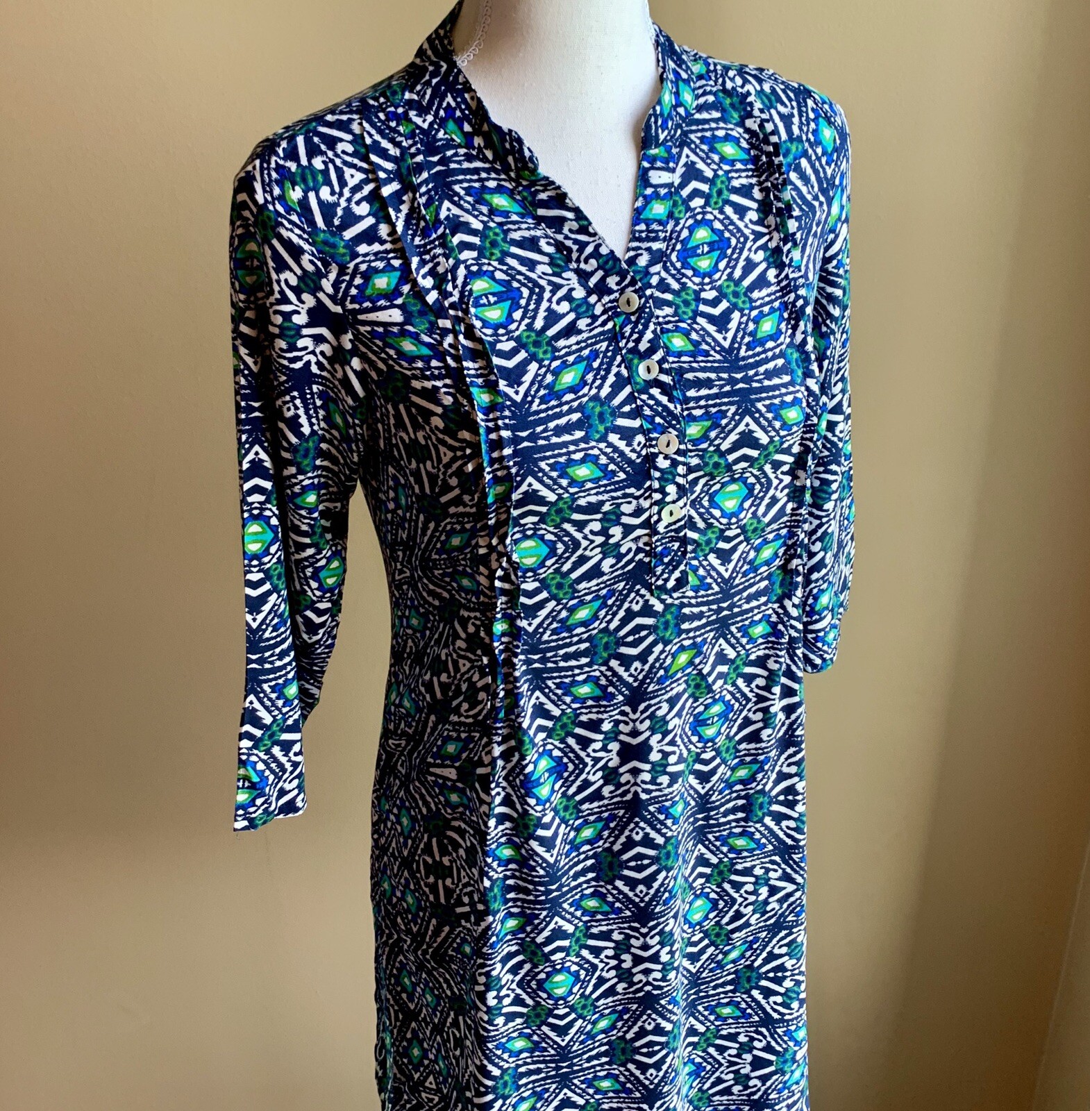 AVAASA Womens Tunic Blue Navy Print Kurta Indian Dress 3/4 Sleeve XS NEW