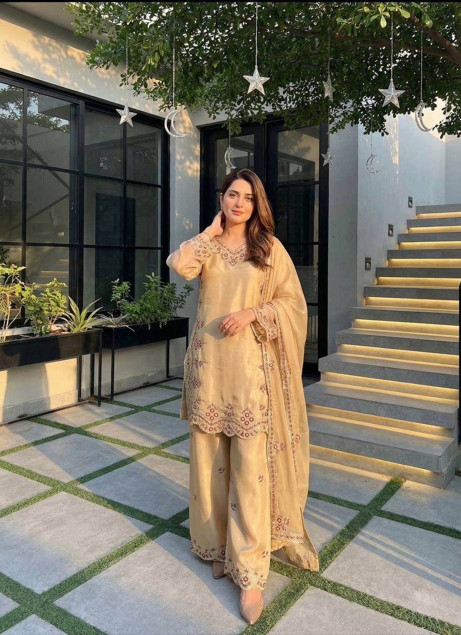 Latest New Heavy Roman Glass Beige Top Palazzo With Dupatta For Festival Wear