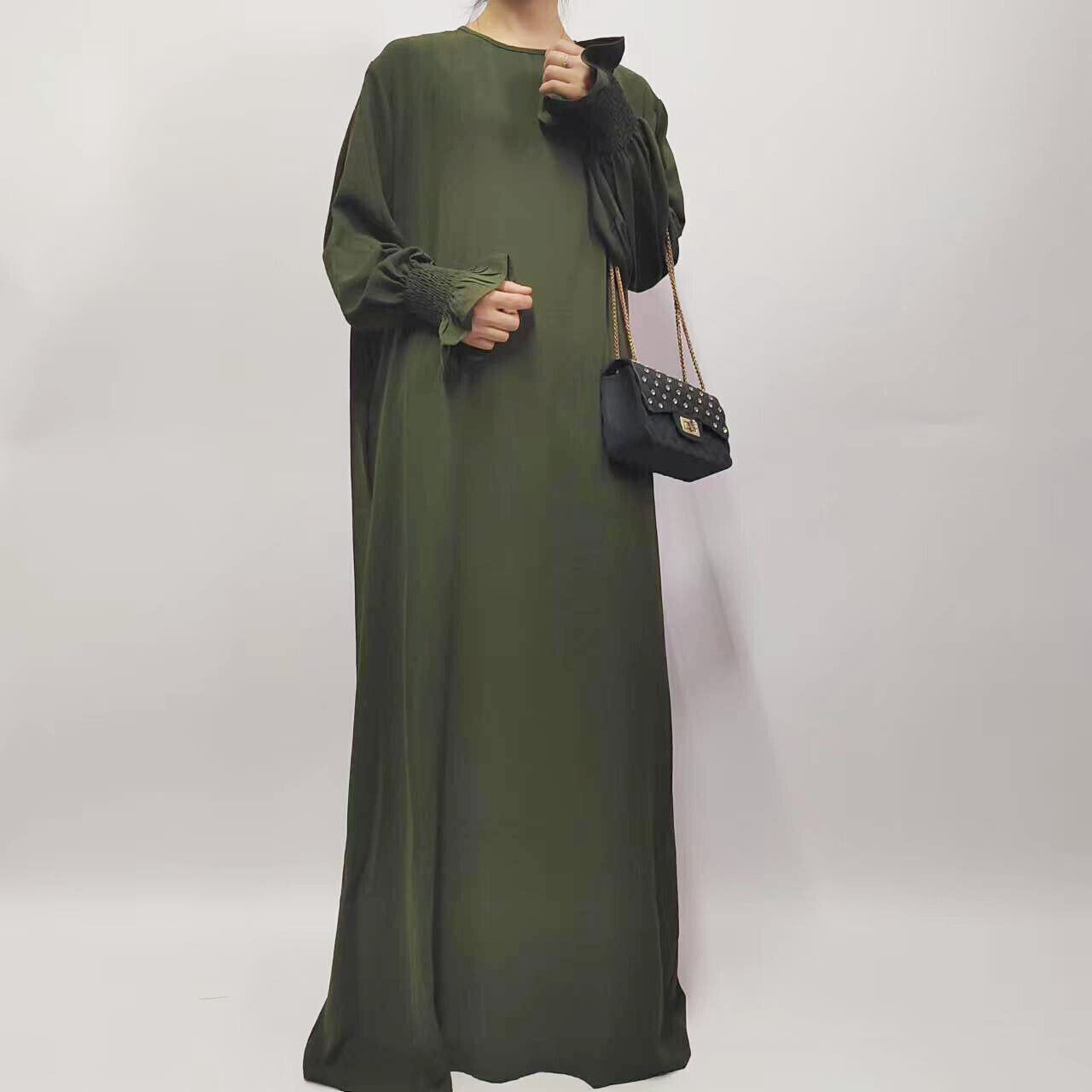 Muslim Women Solid Color Long Sleeve Abaya Loose Robe Simple Maxi Dress Kaftan